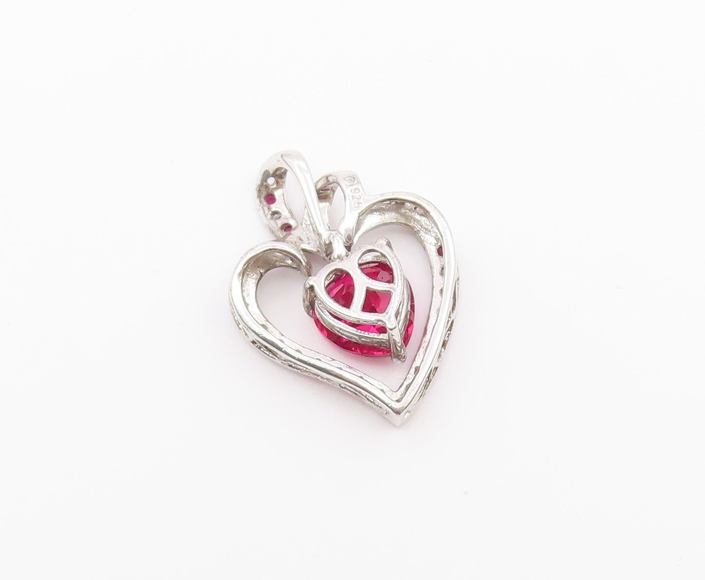 925 Sterling Silver  Vintage Pink & White Topaz Love Heart Pendant  PT16545