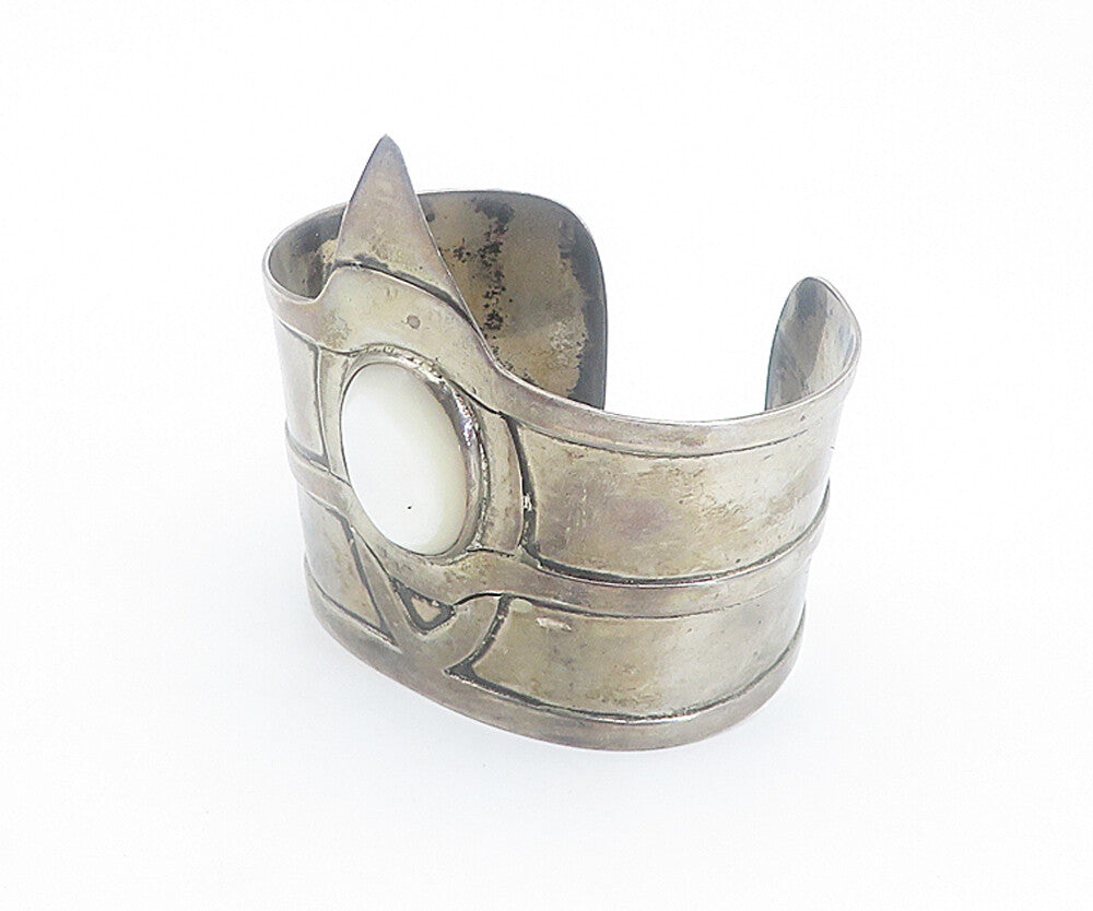 925 Sterling Silver  Vintage Antique Mother Of Pearl Cuff Bracelet  BT3385