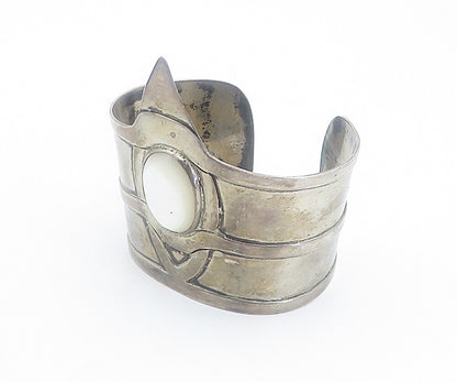 925 Sterling Silver  Vintage Antique Mother Of Pearl Cuff Bracelet  BT3385
