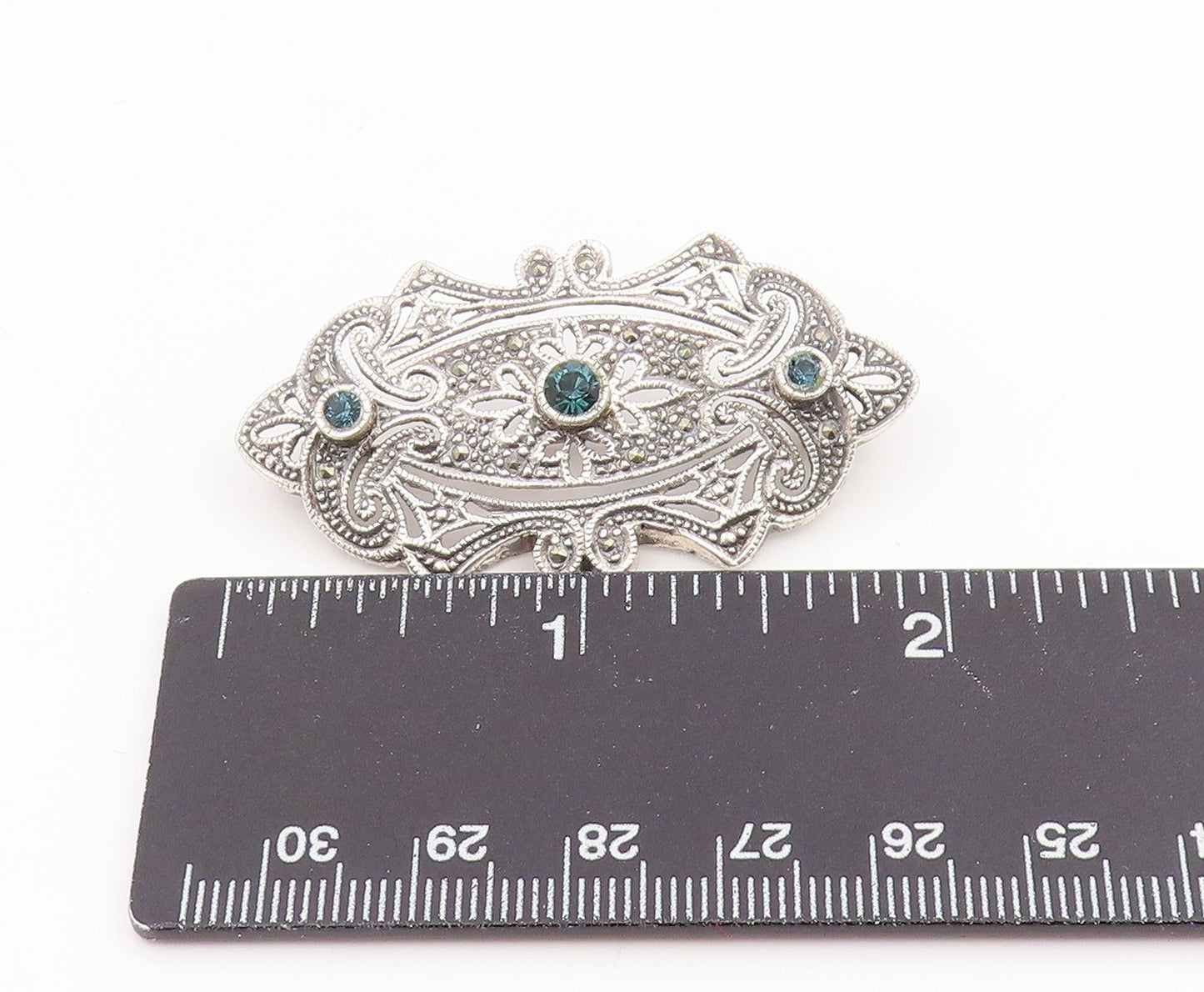 925 Sterling Silver Vintage Brooch Blue Topaz Intricate Openwork Pin  BP12416