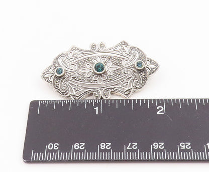 925 Sterling Silver Vintage Brooch Blue Topaz Intricate Openwork Pin  BP12416