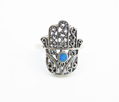 925 Sterling Silver  Petite Fire Opal Swirl Hamsa Band Ring Sz 7.5  RG7780