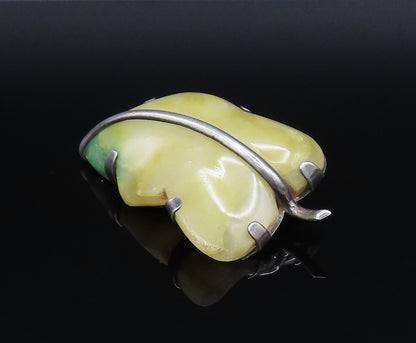 MEXICO 925 Sterling Silver Vintage Unique Yellow Jade Leaf Brooch Pin BP9891