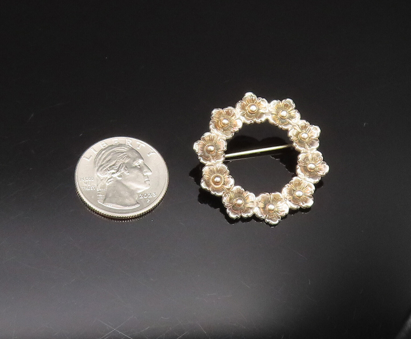FROM DENMARK 925 Sterling Silver Vintage Fancy Flower Wreath Brooch Pin BP9805