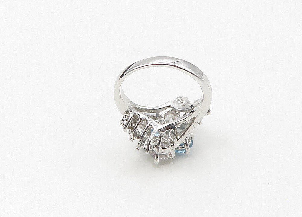 925 Silver  Vintage Blue Topaz & Cubic Zirconia Floral Band Ring Sz 6  RG21522