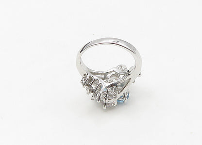 925 Silver  Vintage Blue Topaz & Cubic Zirconia Floral Band Ring Sz 6  RG21522