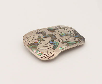 TAXCO 925 Sterling Silver Vintage Etched Background & Abalone Brooch Pin BP10225