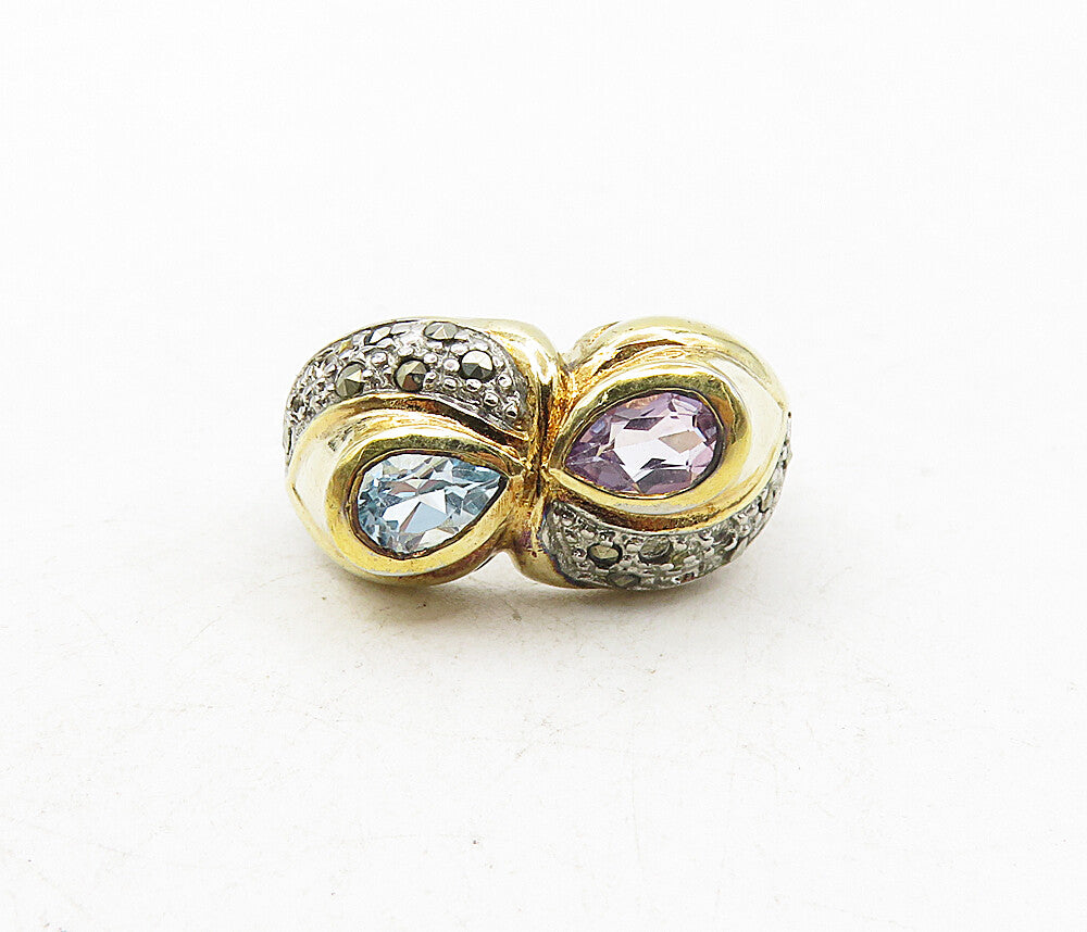 925 Sterling Silver Amethyst Topaz & Marcasite Two Tone Band Ring Sz 8  RG9275