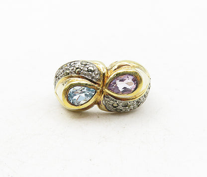 925 Sterling Silver Amethyst Topaz & Marcasite Two Tone Band Ring Sz 8  RG9275
