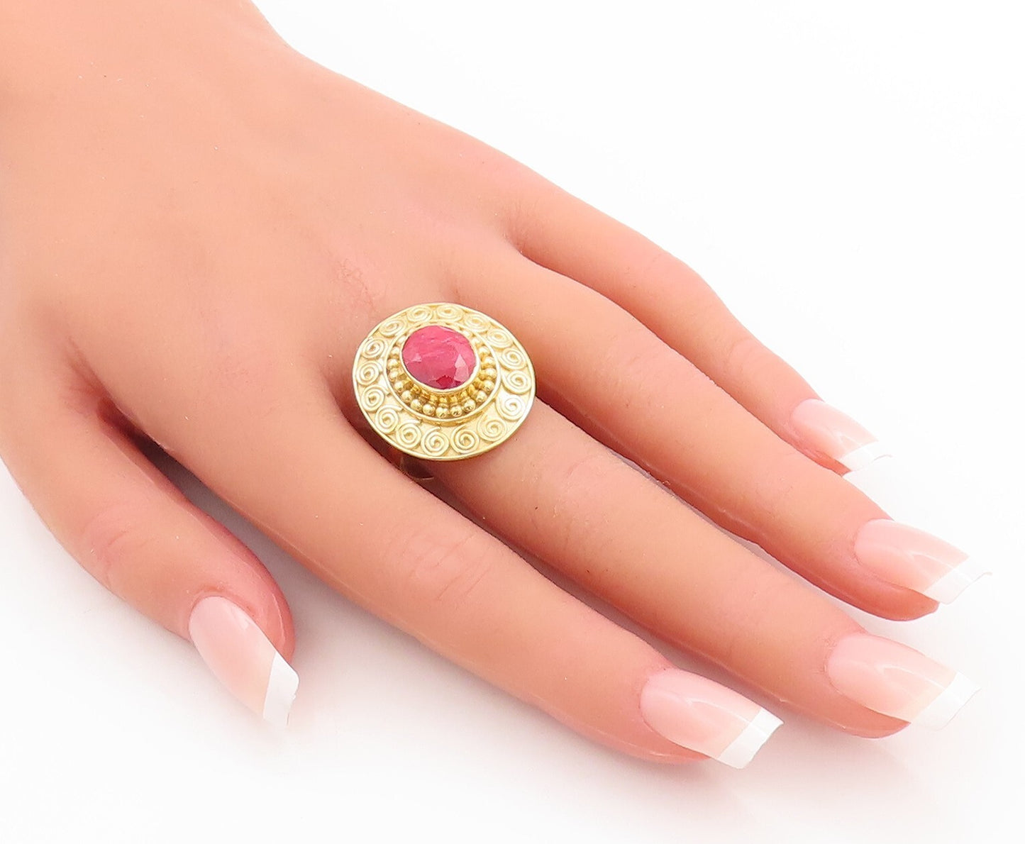 925 Sterling Silver Vintage Ring Gold Plated Spiral Carved Red Gem Sz 10 RG29202