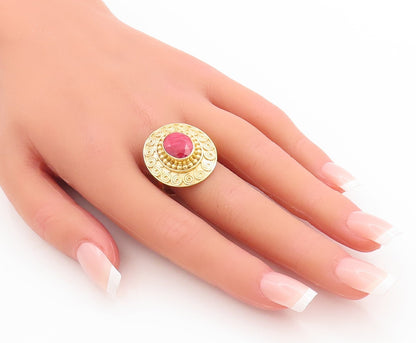925 Sterling Silver Vintage Ring Gold Plated Spiral Carved Red Gem Sz 10 RG29202