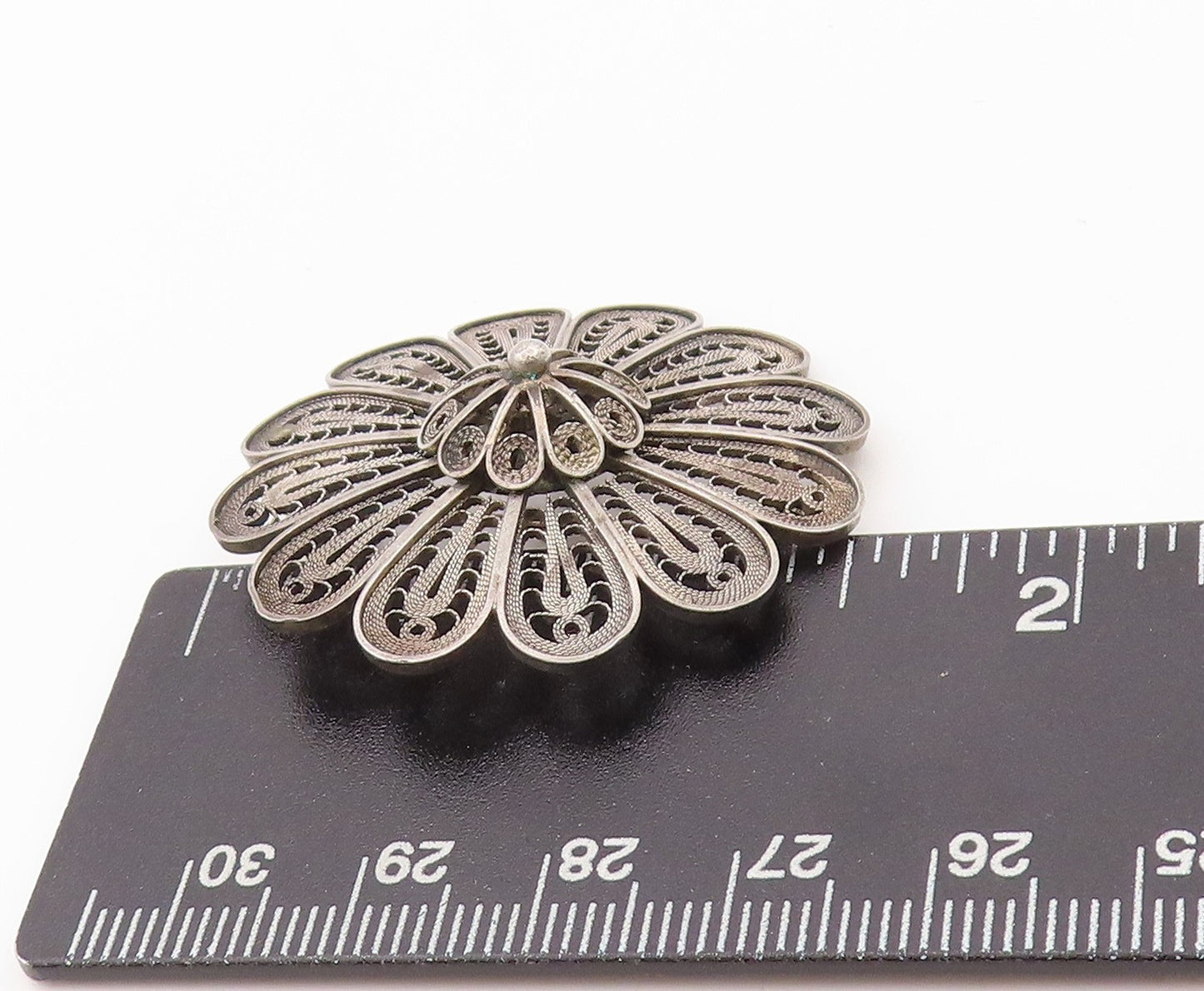 925 Sterling Silver Vintage Brooch Pin ISRAEL Dark Tone Filigree Flower  BP11566