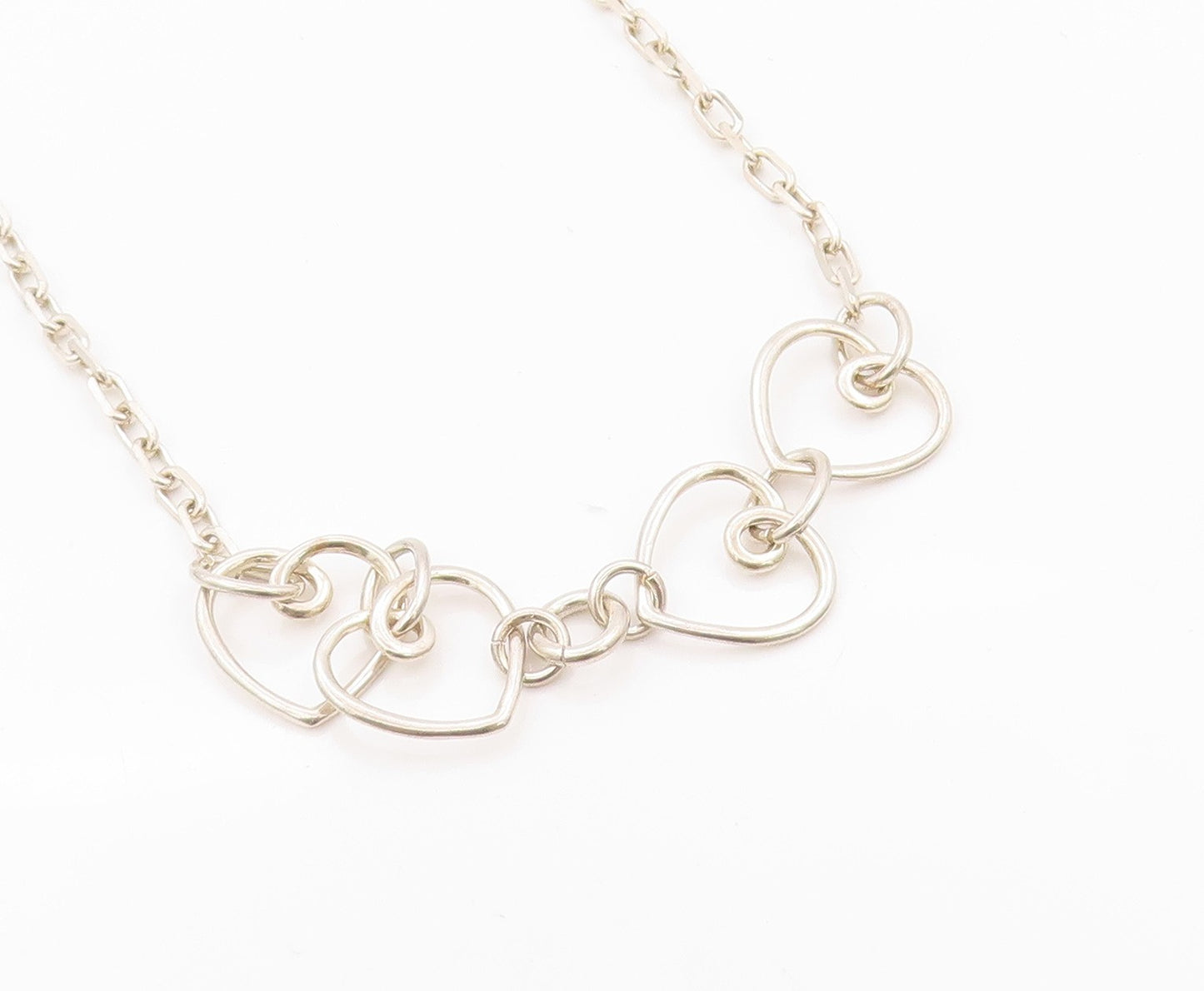 925 Sterling Silver Vintage Necklace Designer Linked Hearts Cutout  NE4525