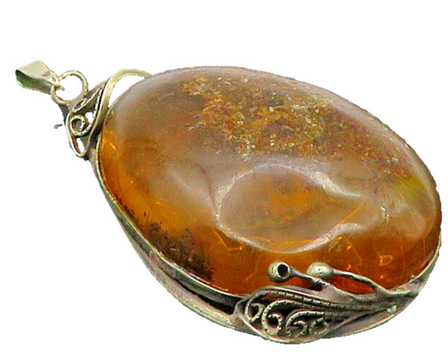 925 Sterling Silver  Vintage Cabochon Cut Tear Drop Amber Pendant  PT18778