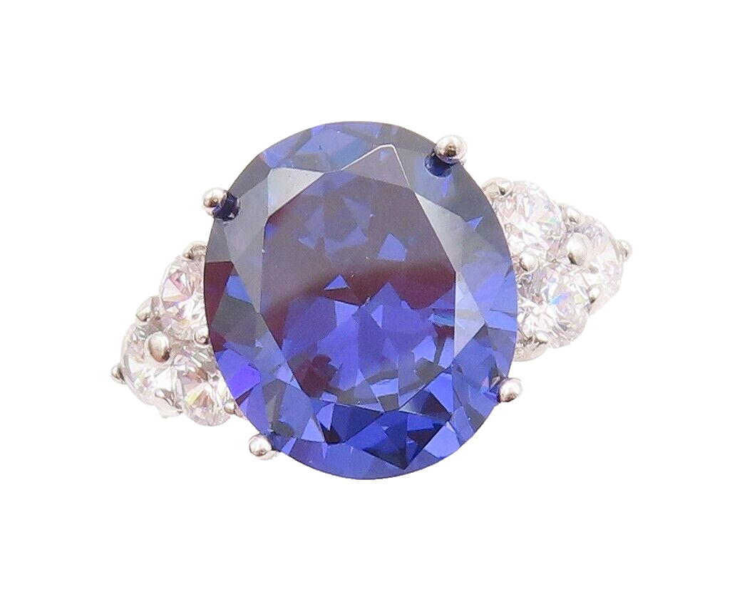 925 Sterling Silver Vintage Ring Round Cut Blue & White CZ  Sz 7  RG29693