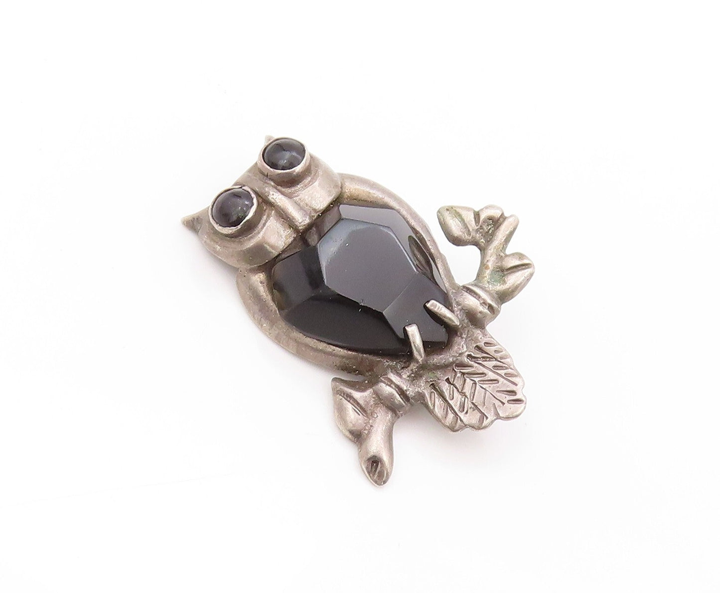 925 Sterling Silver Vintage Brooch MEXICO Onyx Inlay Carved Night Owl  BP11539