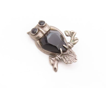925 Sterling Silver Vintage Brooch MEXICO Onyx Inlay Carved Night Owl  BP11539