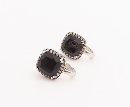 925 Sterling Silver Vintage Earrings Square Cut Onyx Halo CZ Farme  EG13107