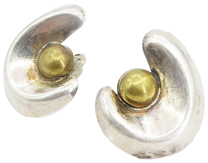 MEXICO 925 Sterling Silver Vintage Crescent Dome Non Pierce Earrings  EG2933