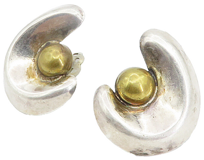 MEXICO 925 Sterling Silver Vintage Crescent Dome Non Pierce Earrings  EG2933