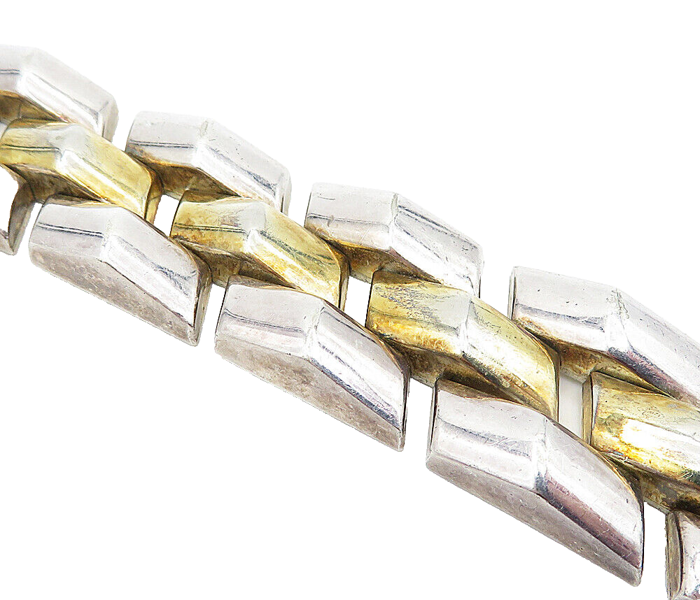 925 Sterling Silver  Vintage Shiny Two Tone Hinge Link Chain Bracelet  BT1441