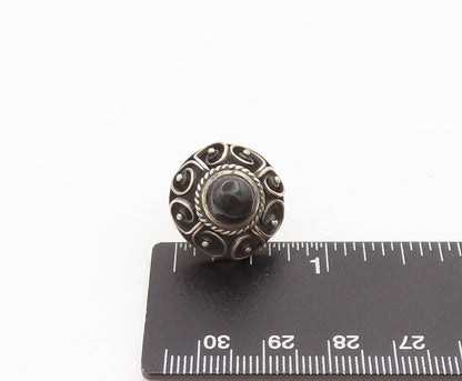 MEXICO 925 Silver  Vintage Onyx Domed Swirly Carved Round Earrings  EG12620