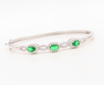 925 Sterling Silver Vintage Bracelet Loop Cutout Green & White CZ Bangle BT10718