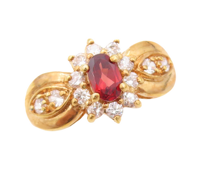 925 Sterling Silver Vintage Ring Gold Plated Garnet & CZ Flower  Sz 7  RG30314