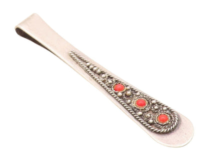 925 Sterling Silver Vintage Tie Clip ISRAEL Carved Red Gemstones TR3786