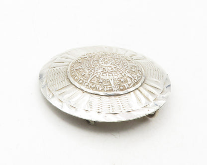 MEXICO 925 Sterling Silver  Vintage Mayan Aztec Sun Calendar Brooch Pin BP3744
