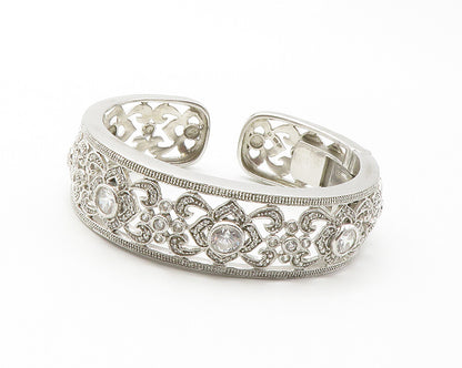 925 Sterling Silver  Shiny Cubic Zirconia Open Floral Cuff Bracelet  BT5743