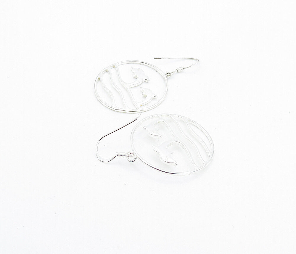 925 Sterling Silver  Shiny Leaping Dolphins Scene Dangle Earrings  EG3092