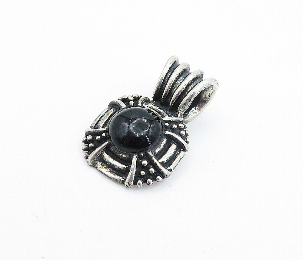 925 Sterling Silver  Vintage Cabochon Cut Black Onyx Fluted Pendant  PT4102