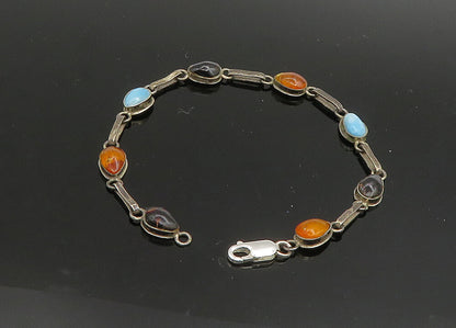 925 Sterling Silver  Vintage Larimar Black Onyx & Amber Chain Bracelet  BT8040