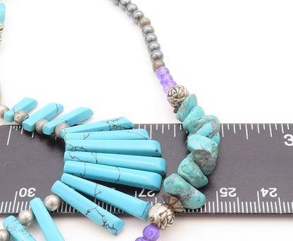 SOUTHWESTERN 925 Silver Vintage Turquoise & Hematite Chain Necklace NE1418
