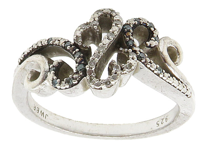 925 Sterling Silver  Genuine Blue & White Diamonds Band Ring Sz 8  RG15979