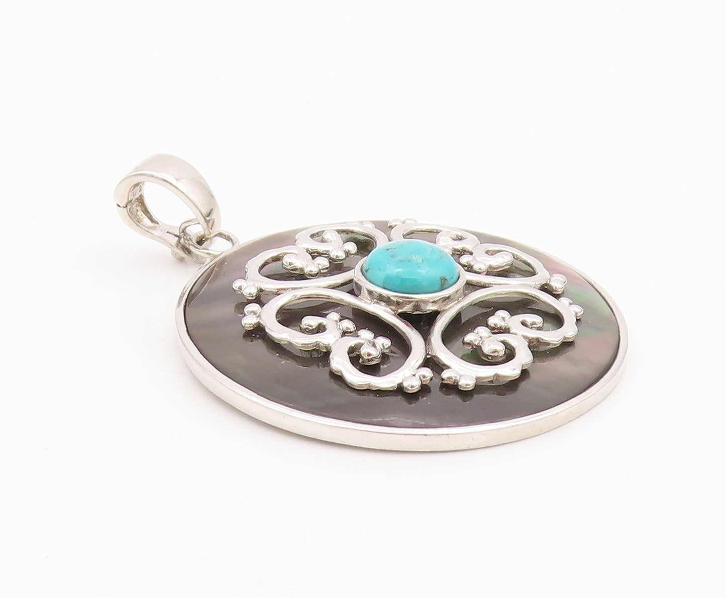 925 Sterling Silver Vintage Pendant Turquoise Carved Abalone Disk  PT24321