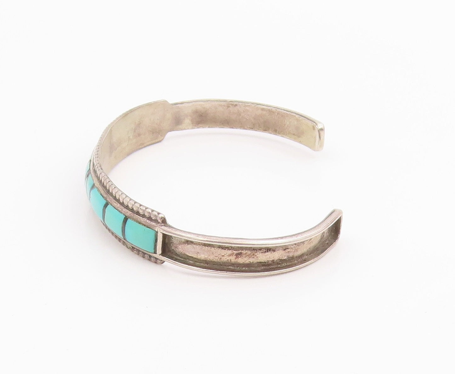925 Sterling Silver Vintage Bracelet NAVAJO ZUNI Turquoise Inlay Cuff  BT11970