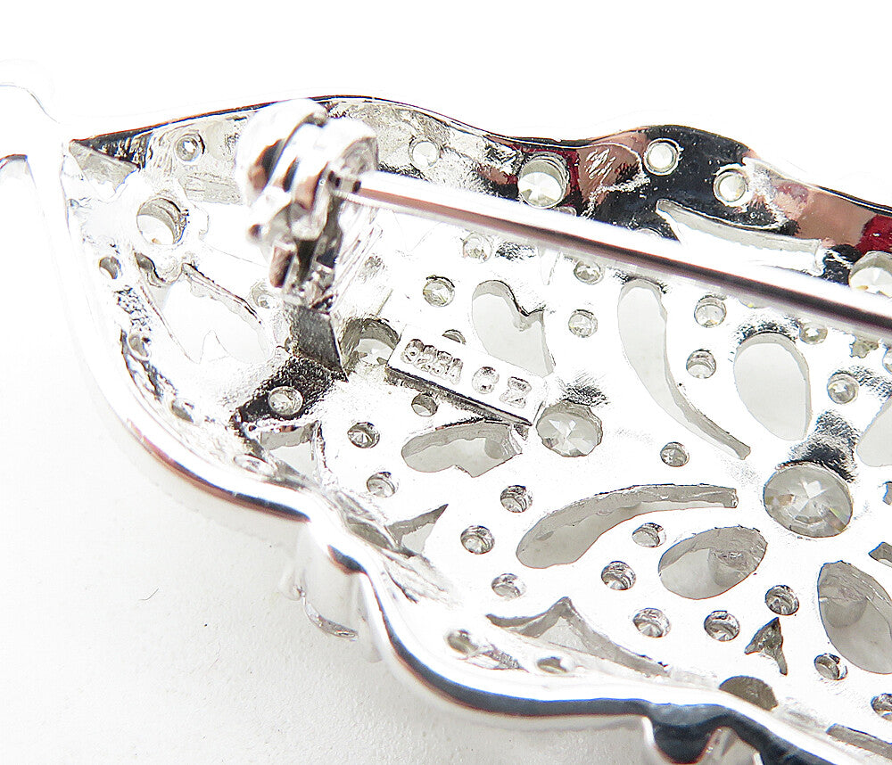 925 Sterling Silver  Victorian Shiny Cubic Zirconia Floral Brooch Pin  BP1951