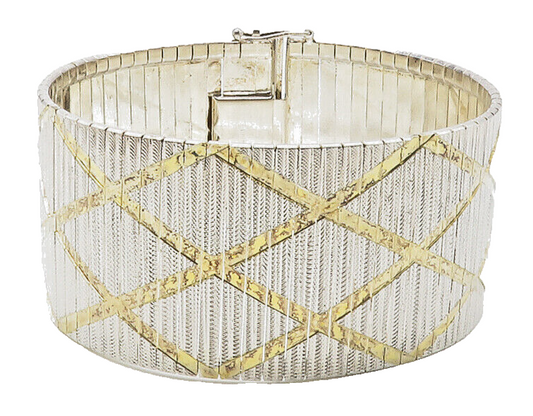 925 Sterling Silver  Shiny 2 Tone Diamond Shape Pattern Chain Bracelet  BT5583