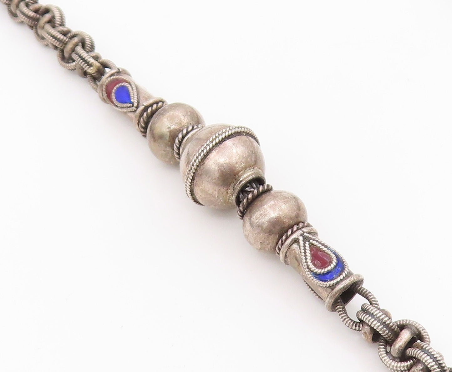 925 Sterling Silver Vintage Necklace Enamel Beaded Bohemian Tribal Chain  NE4722