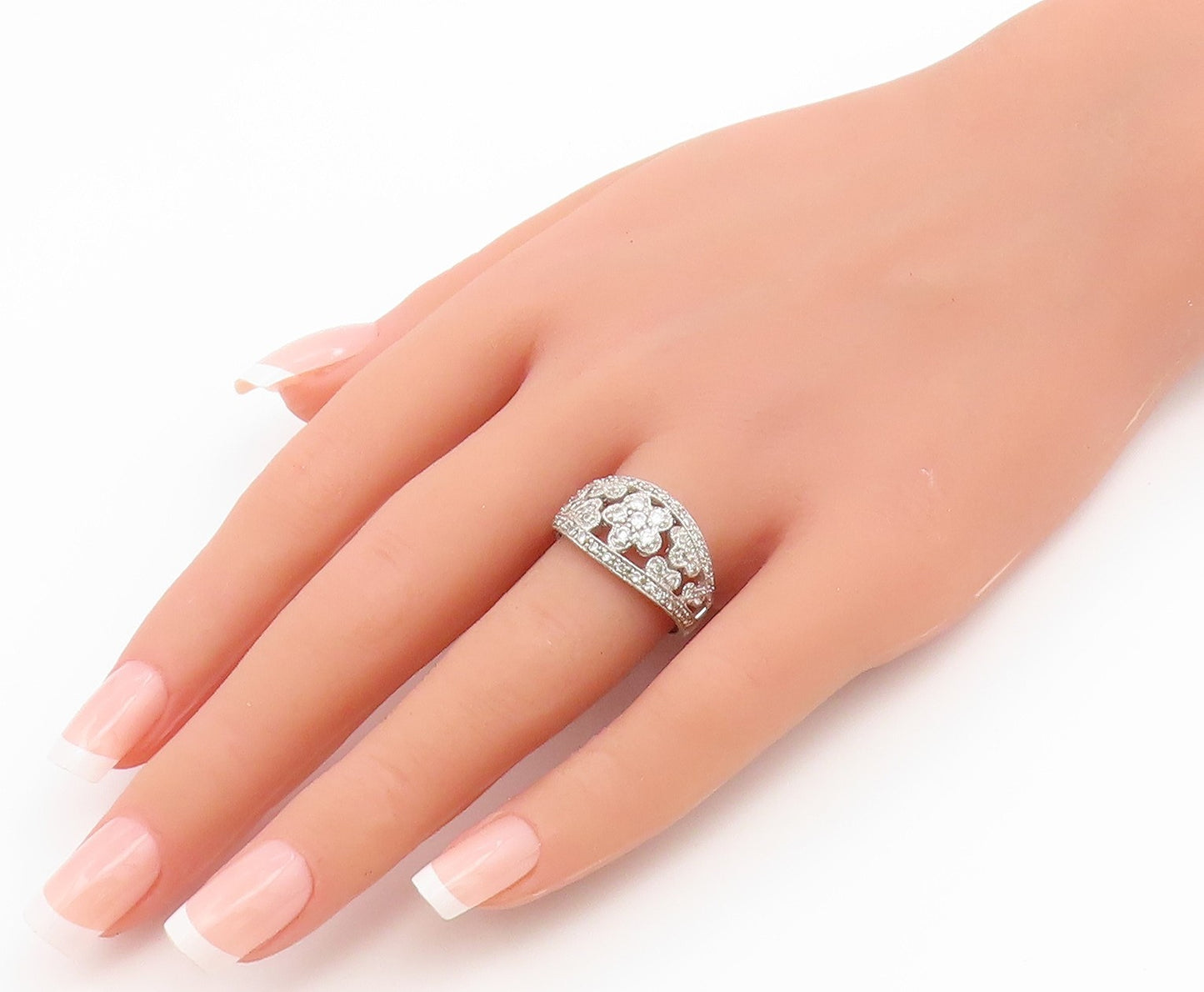 925 Sterling Silver Vintage Ring CZ Open Floral Statement Band  Sz 8  RG36885