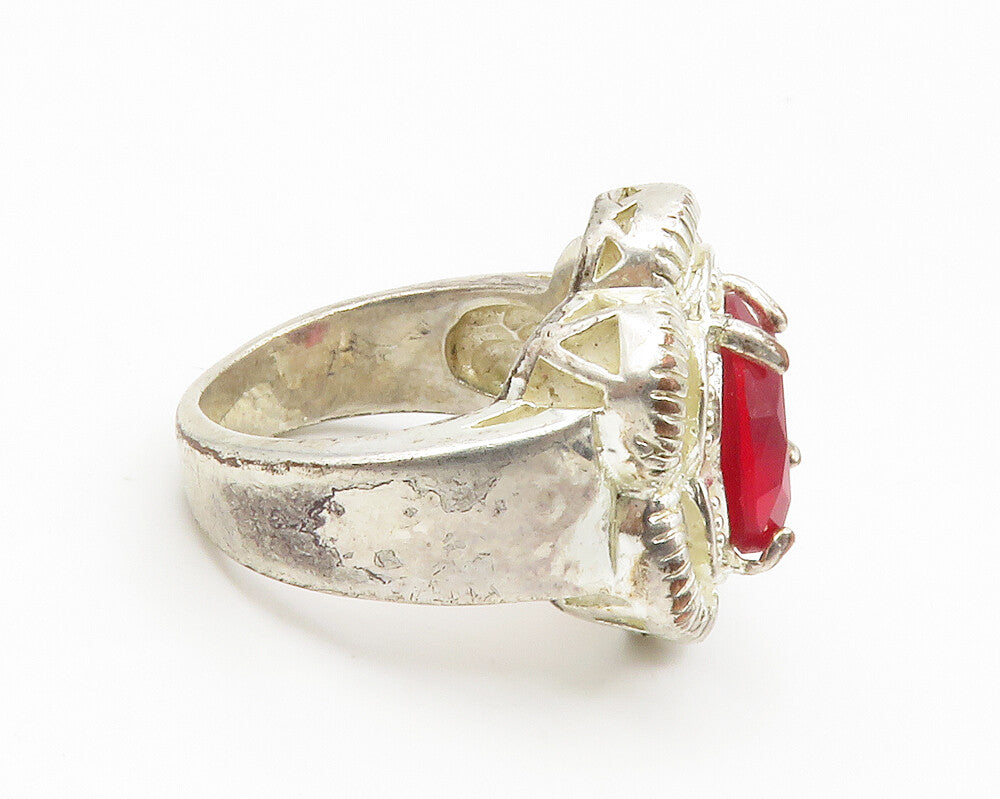 925 Sterling Silver  Vintage Pink Topaz Floral Cocktail Ring Sz 6  RG14193