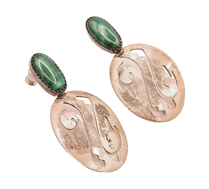 NAVAJO 925 Silver  Vintage Swirly Fire Carved Oval Malachite Earrings  EG12480