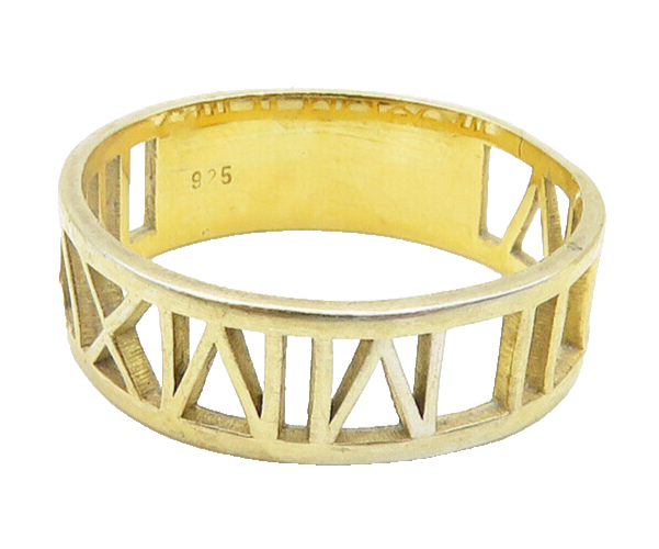 925 Silver  Vintage Shiny Gold Plated Roman Numerals Band Ring Sz 7  RG19373