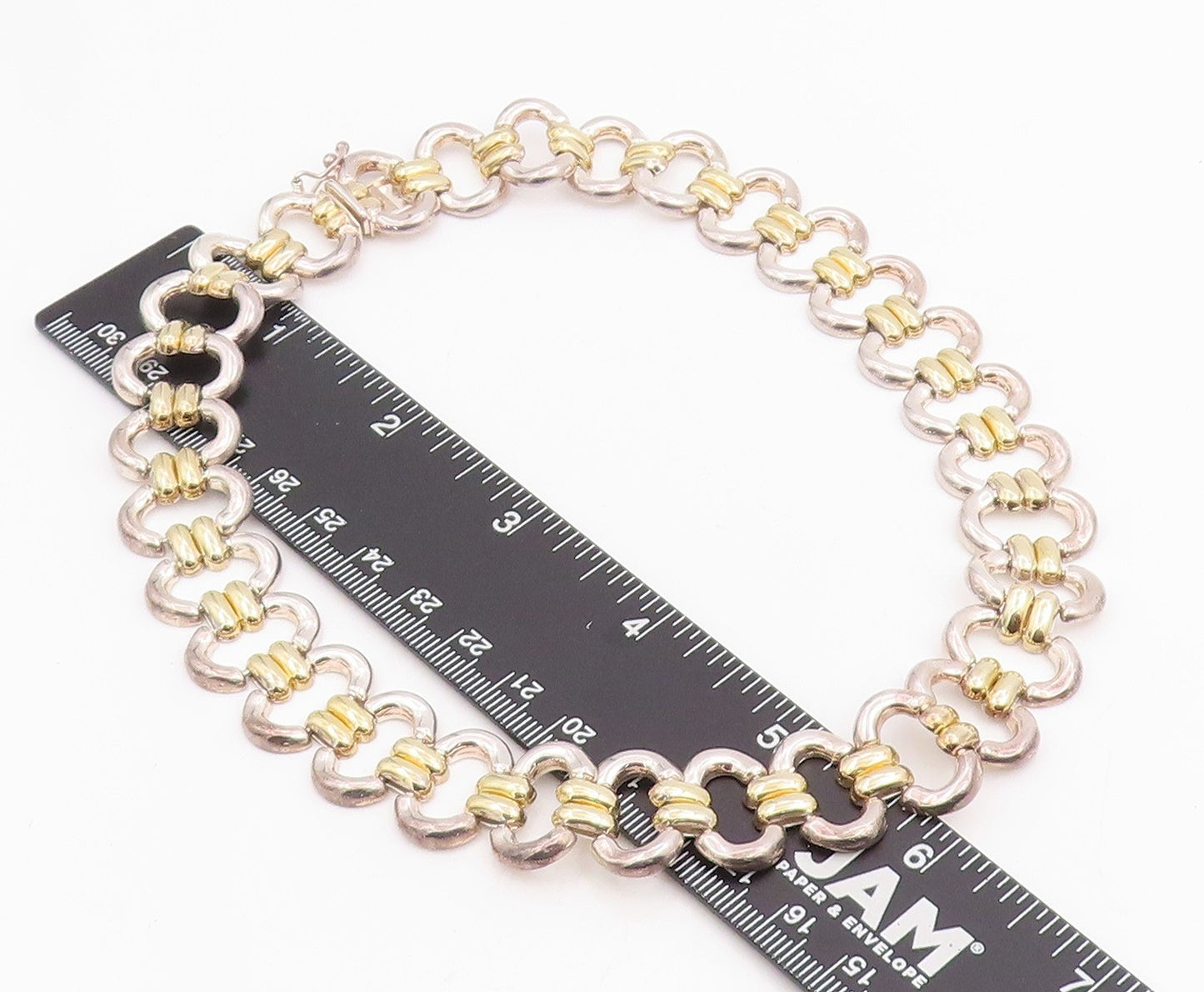 925 Sterling Silver Vintage Necklace Two Tone Modernist Oval Link Choker  NE4781