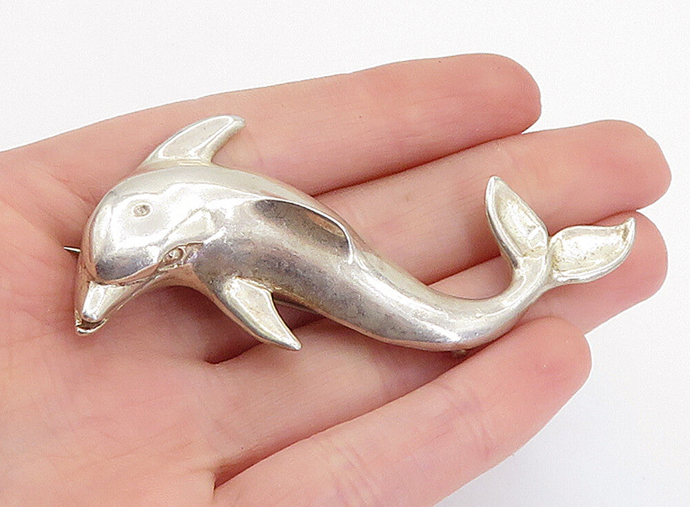 MEXICO 925 Sterling Silver Vintage Shiny Swimming Dolphin Brooch Pin BP2499