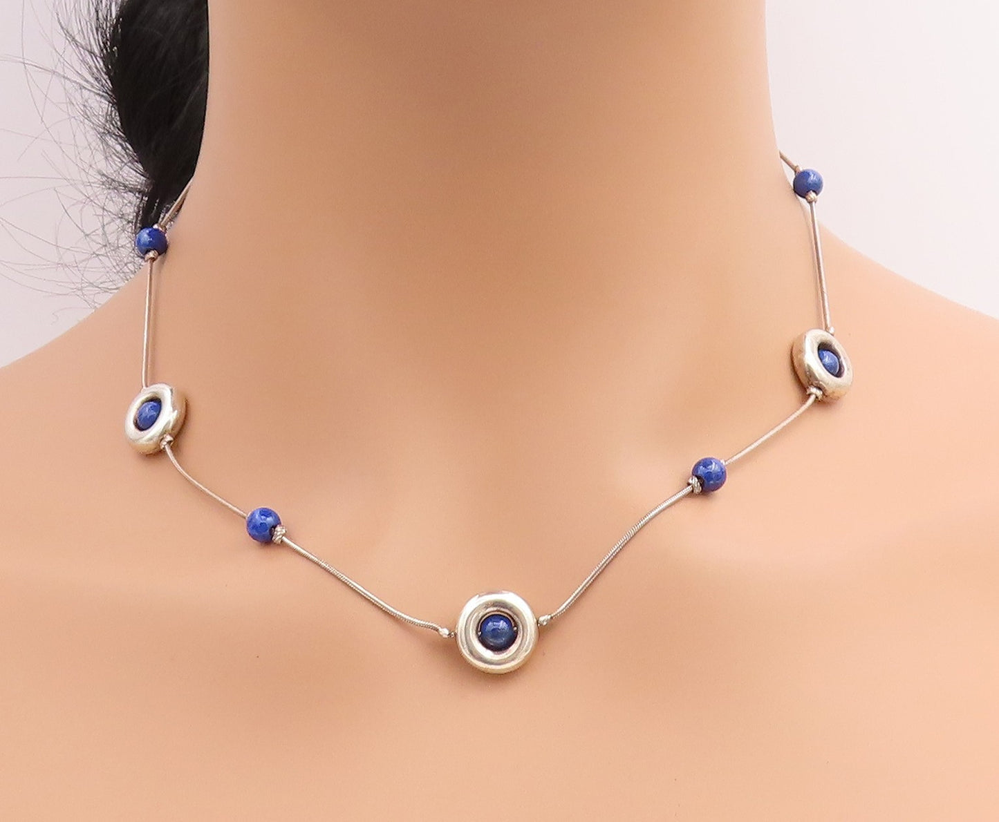 925 Sterling Silver Vintage Necklace Minimalist Chain With Blue Beads   NE4668