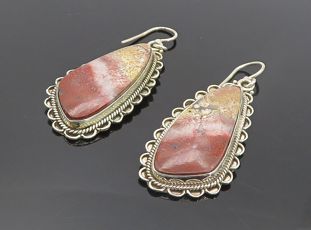 925 Sterling Silver  Vintage Jasper Wavy Twist Border Dangle Earrings  EG3568