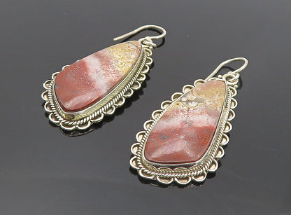 925 Sterling Silver  Vintage Jasper Wavy Twist Border Dangle Earrings  EG3568